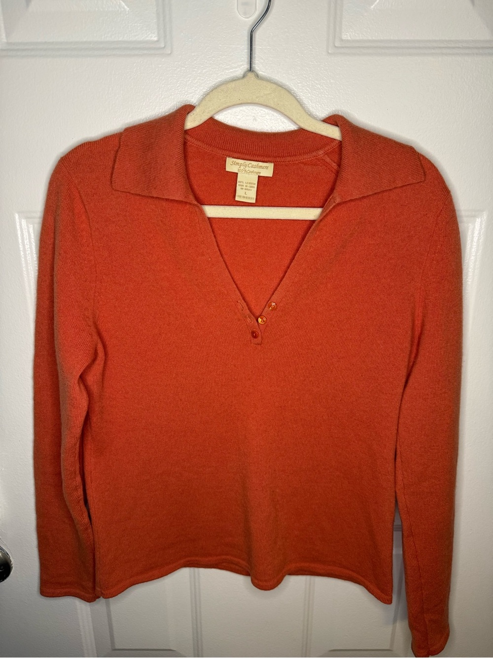 Simply Cashmere Sweater Women L 100% Cashmere Rust Orange Collared Polo Pullover